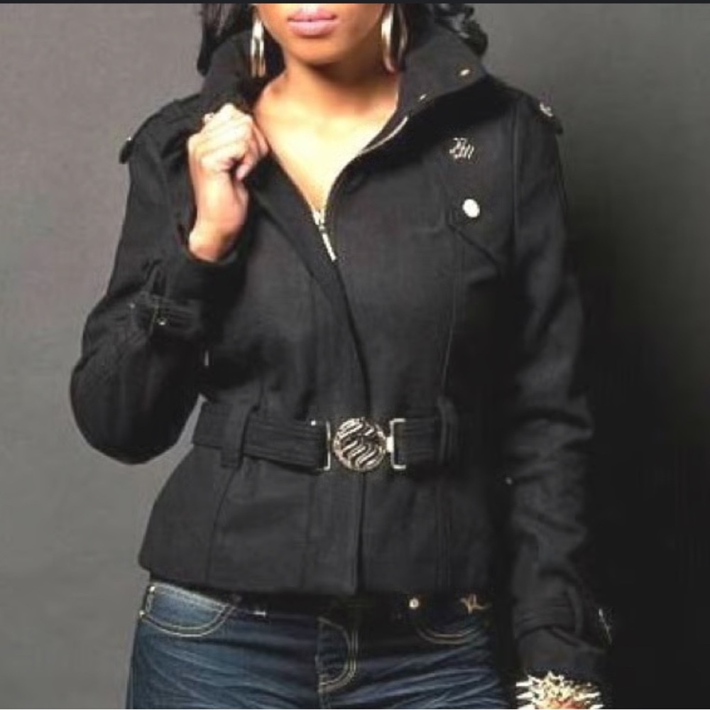 NEW ROCAWEAR black Y2K Zipper Snap Belted Logo WOOL Winter COAT
